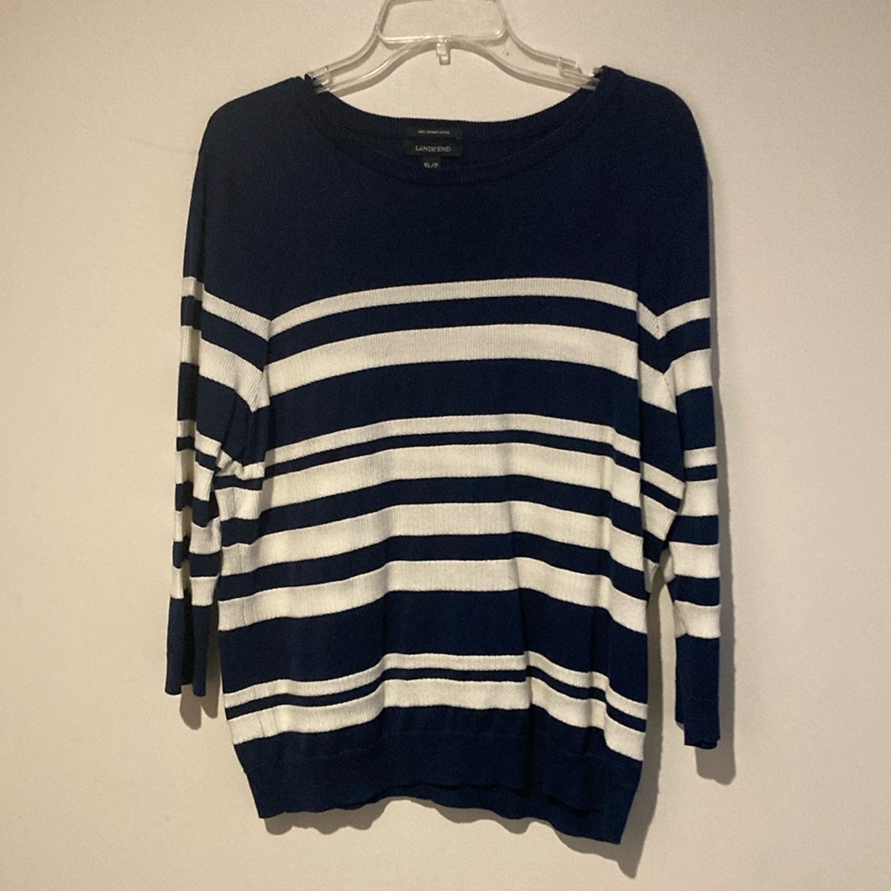 Lands End women’s XL P blue and white striped lightweight sweater cotton